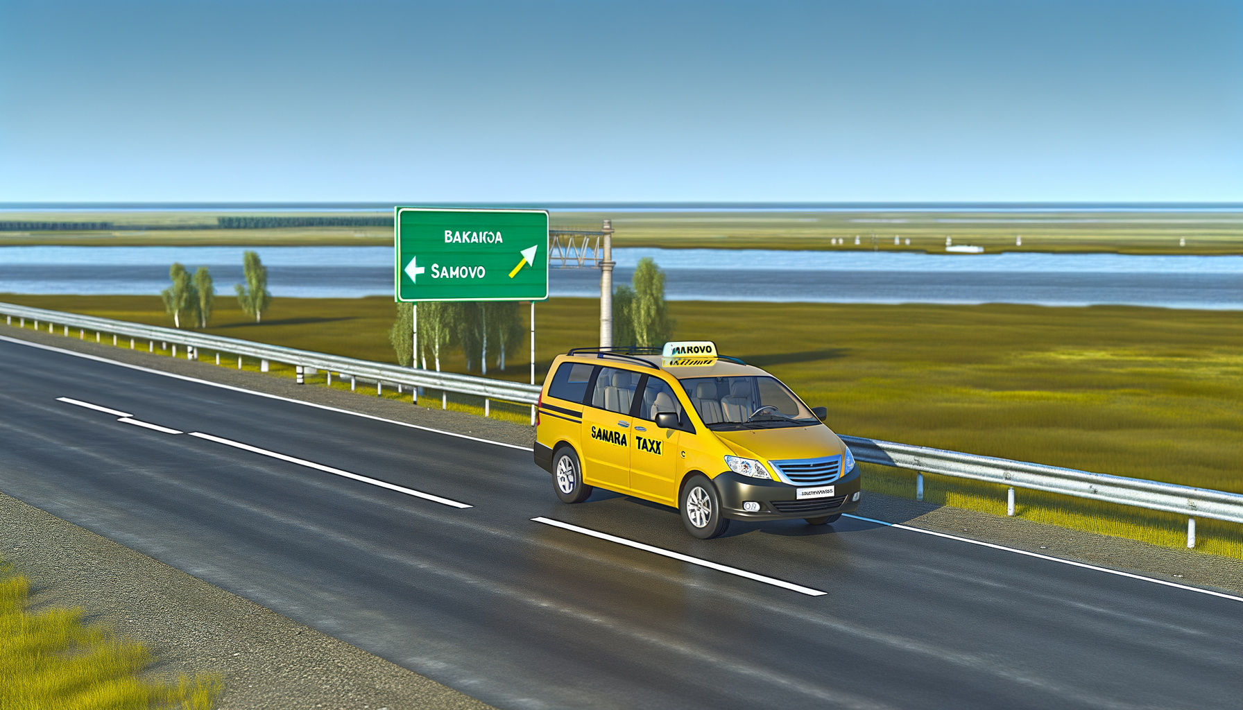 Междугороднее такси Самара — Балаково по трассе, фирменный жёлтый минивэн Самарское такси
