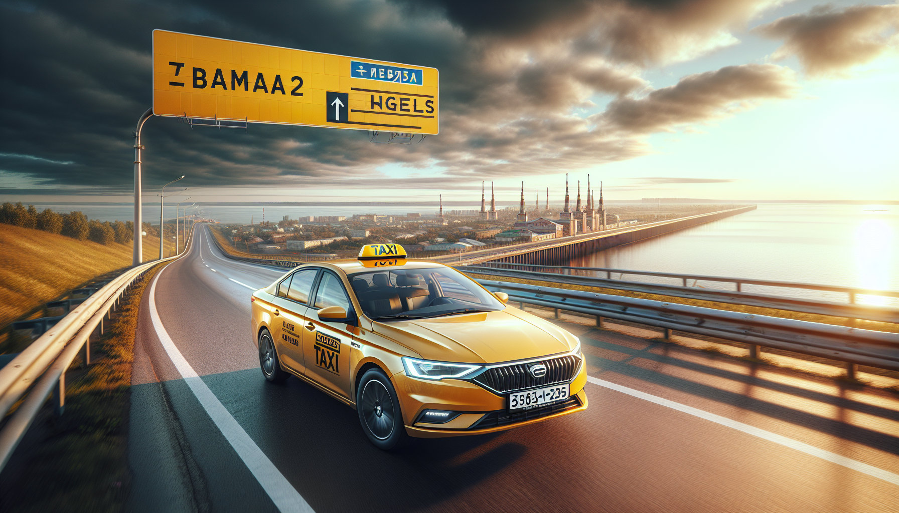 Жёлтое такси на мосту через Волгу в районе Самары, направление на Энгельс — Самарское такси