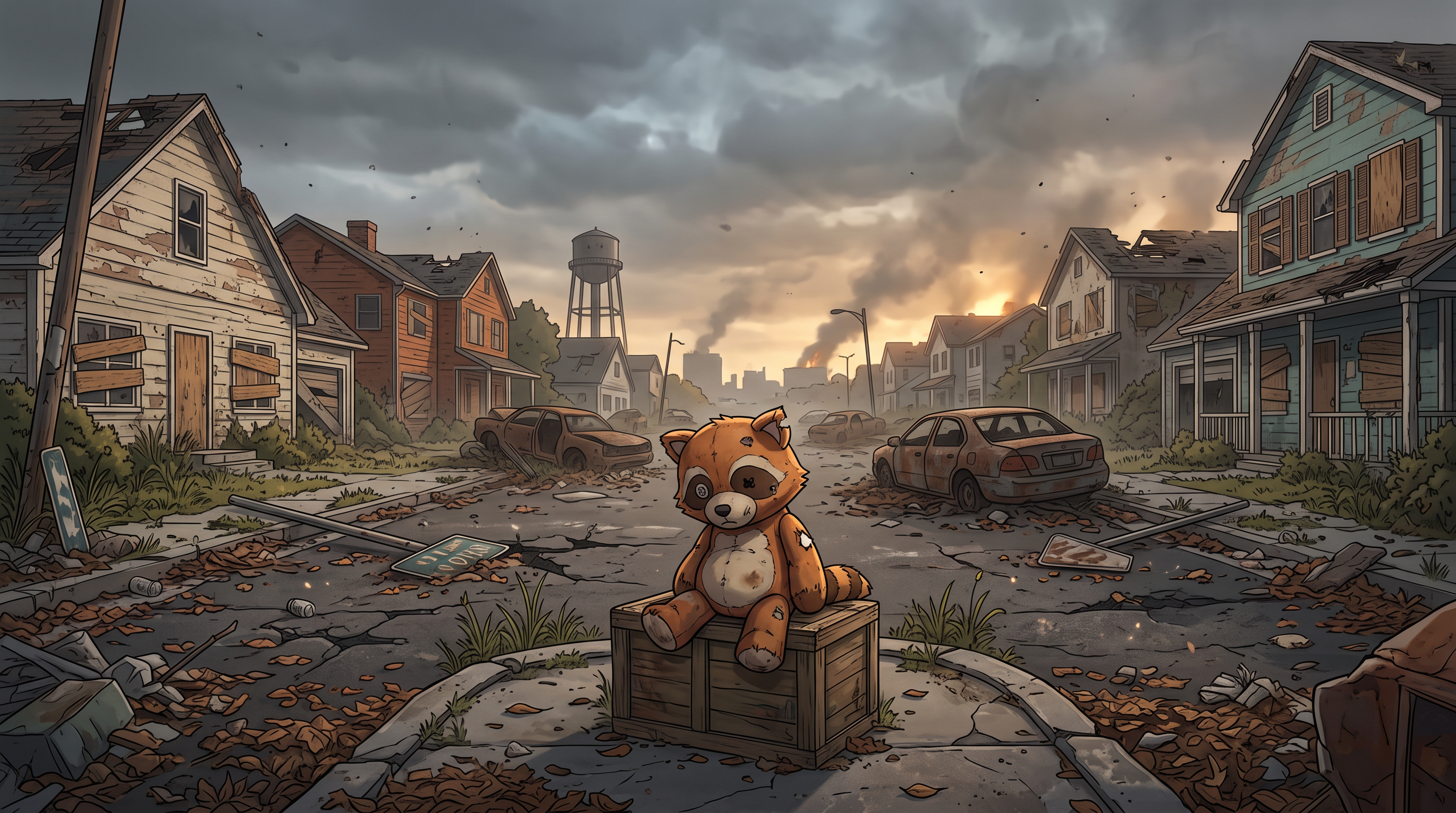 16:9 widescreen, horizontal landscape orientation, cinematic semi-realistic anime style with hyper-detailed rendering.<br />
<br />
Abandoned ruined Muldraugh, Kentucky — decaying suburban houses with boarded-up windows, overturned rusted cars on cracked asphalt, overgrown weeds pushing through sidewalks, a distant silhouetted water tower against a heavy grey apocalyptic sky. Empty streets, fallen street signs, scattered debris, trash and dead leaves everywhere. Faint smoke rising from somewhere in the distance.<br />
<br />
Foreground center, sitting slumped on a cracked concrete curb or weathered wooden crate: a worn, slightly dirty plush toy of Spiffo the raccoon — faded orange-brown fur, one button eye slightly loose, a small tear on the ear, scuffed and stained. The plush is the only soft, fragile element in the harsh ruined world.<br />
<br />
No text, no characters, no figures — just the plush and the dead city.<br />
<br />
Lighting conflict: cool blue-grey ambient from overcast sky vs warm amber glow from distant fires or setting sun breaking through clouds on the horizon. Dust motes and ash particles floating in the air. Dead leaves skittering across the pavement.<br />
<br />
palette: desaturated greens, rust browns, concrete greys, muted burnt oranges, faded teal, dirty cream.<br />
<br />
Cinematic film grain, high resolution, raw dirty gritty atmosphere, functional physicality, no fanservice.