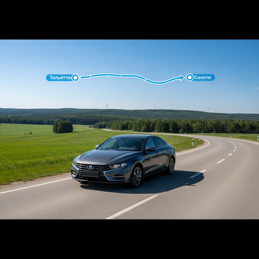 Автомобиль 2020 года на дневной дороге, маршрут Тольятти — Солоти