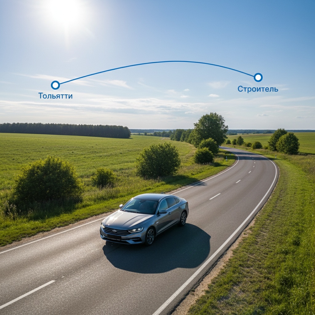 Автомобиль 2020 года на дневной дороге, маршрут Тольятти — Строитель