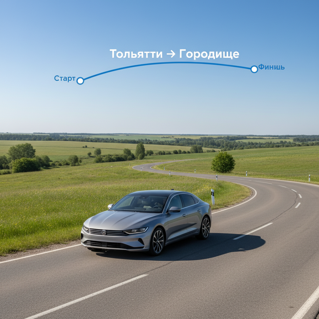 Автомобиль 2020 года на дневной дороге, маршрут Тольятти — Городище
