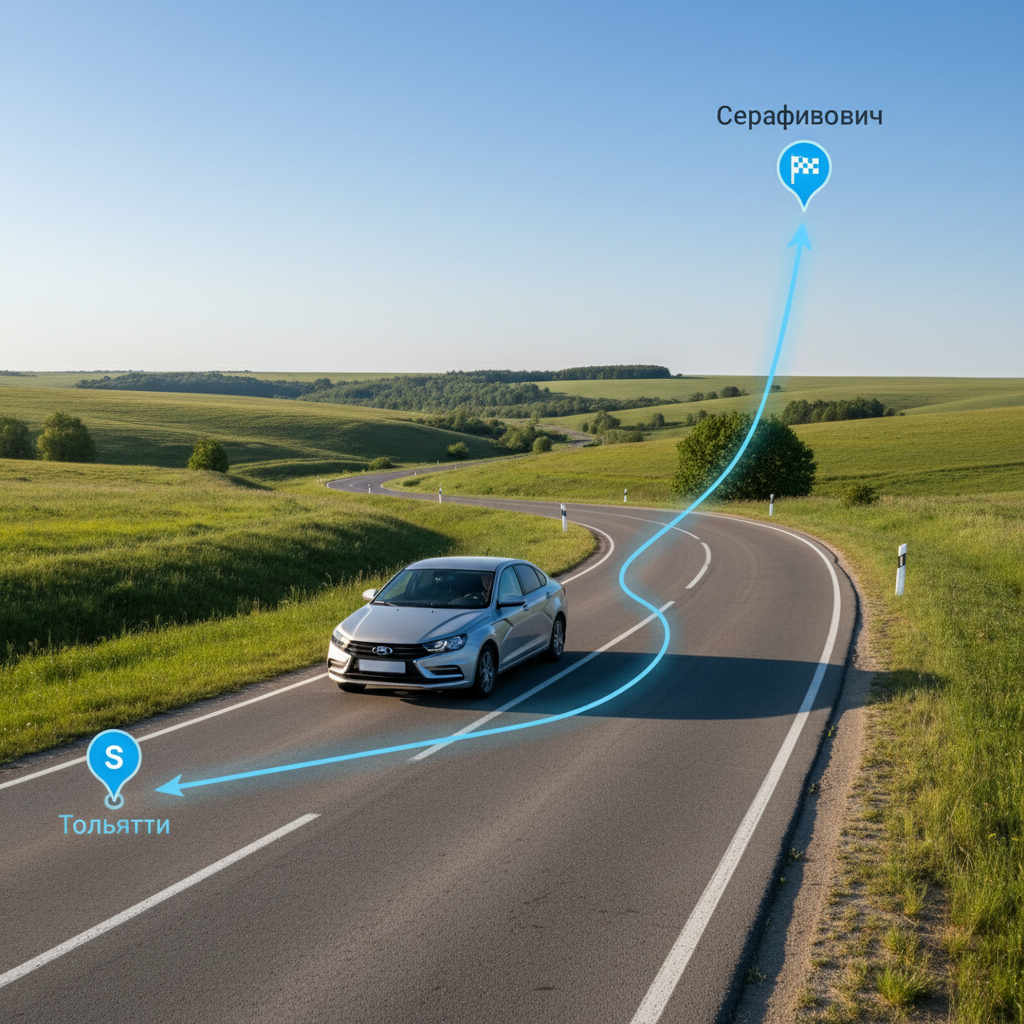 Автомобиль на дневной дороге, маршрут Тольятти — Серафимович