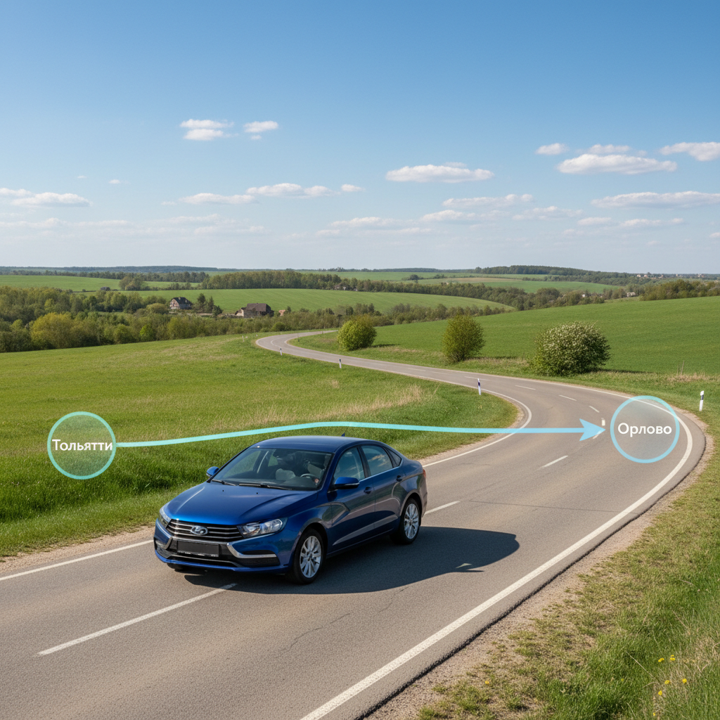 Автомобиль на дневной дороге, маршрут Тольятти — Орлово
