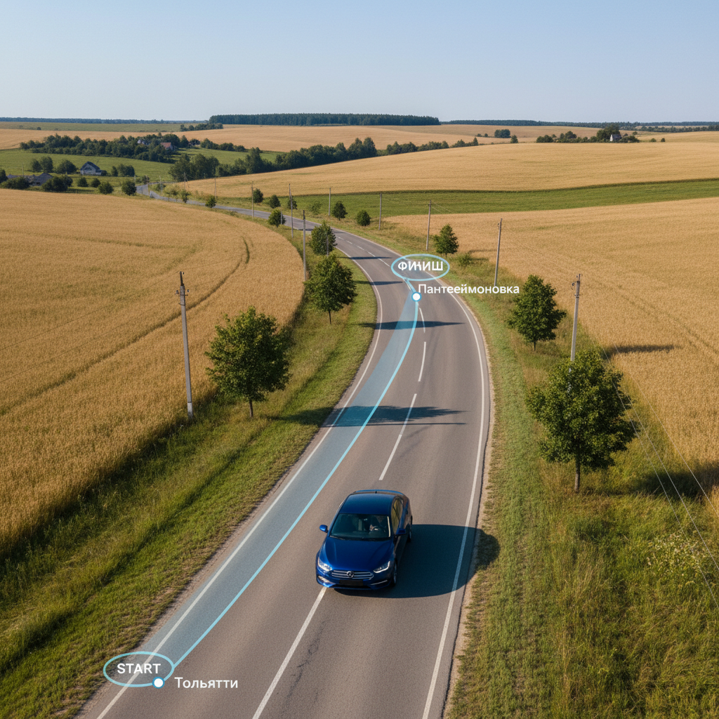 Автомобиль на дневной дороге, маршрут Тольятти — Пантелеймоновка