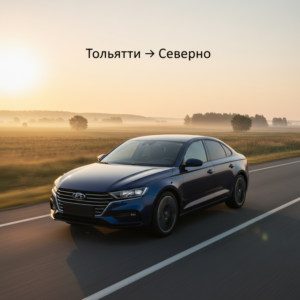 Автомобиль 2021 года выпуска на дороге на рассвете, маршрут Тольятти — Северное