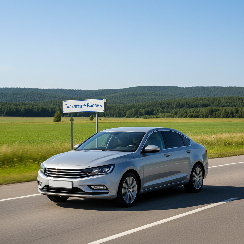 Автомобиль 2018 года выпуска на дневной загородной дороге, маршрут Тольятти — Басань