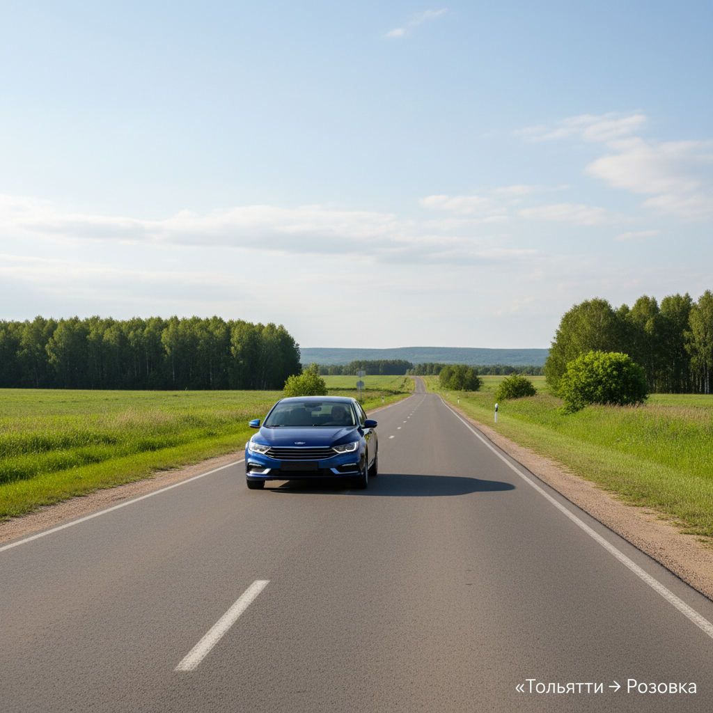Автомобиль 2018 года выпуска на дневной загородной дороге, маршрут Тольятти — Розовка