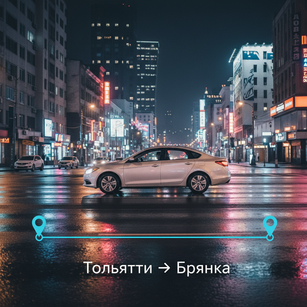Ночной город и автомобиль 2018 года, маршрут Тольятти — Брянка