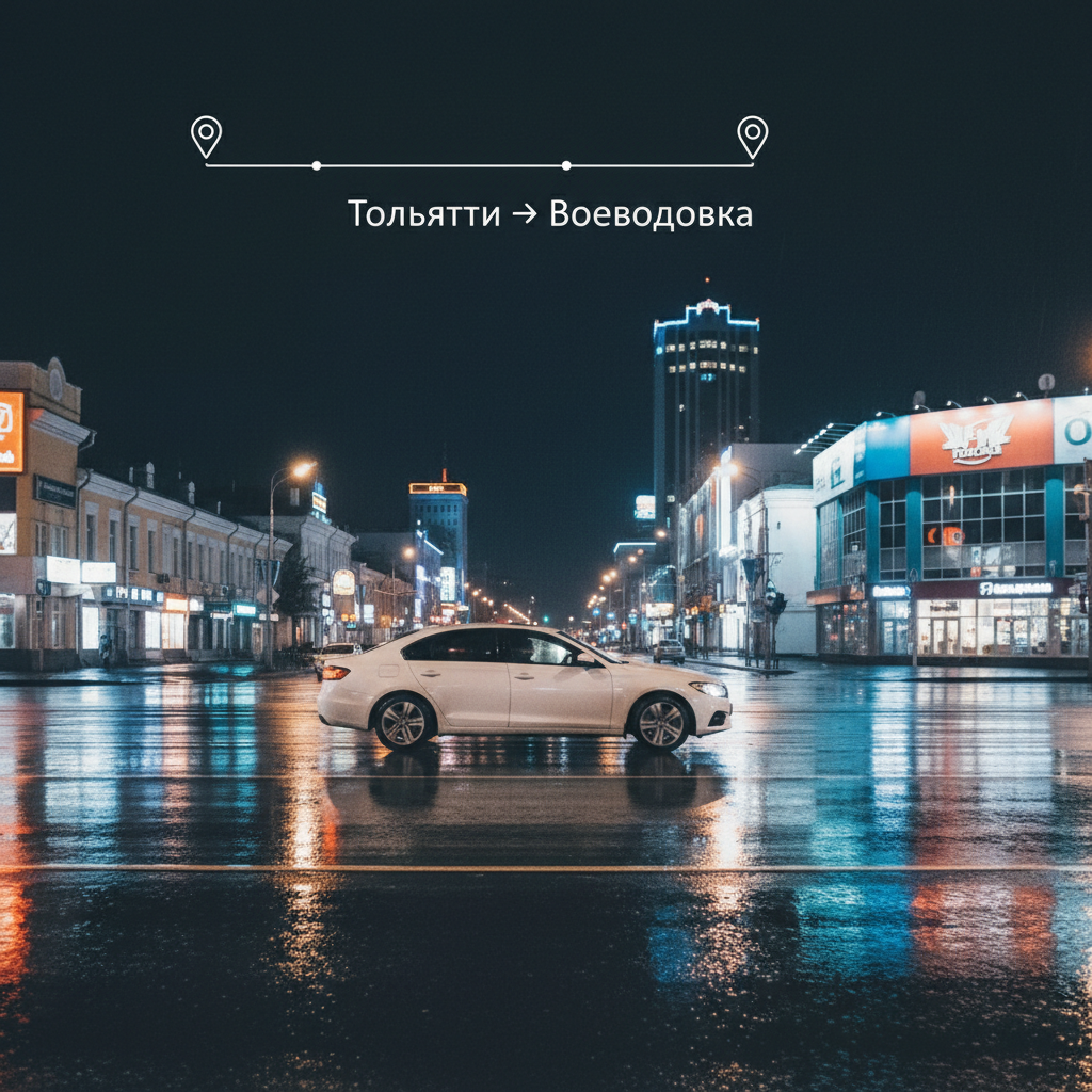 Ночной город и автомобиль 2018 года, маршрут Тольятти — Воеводовка