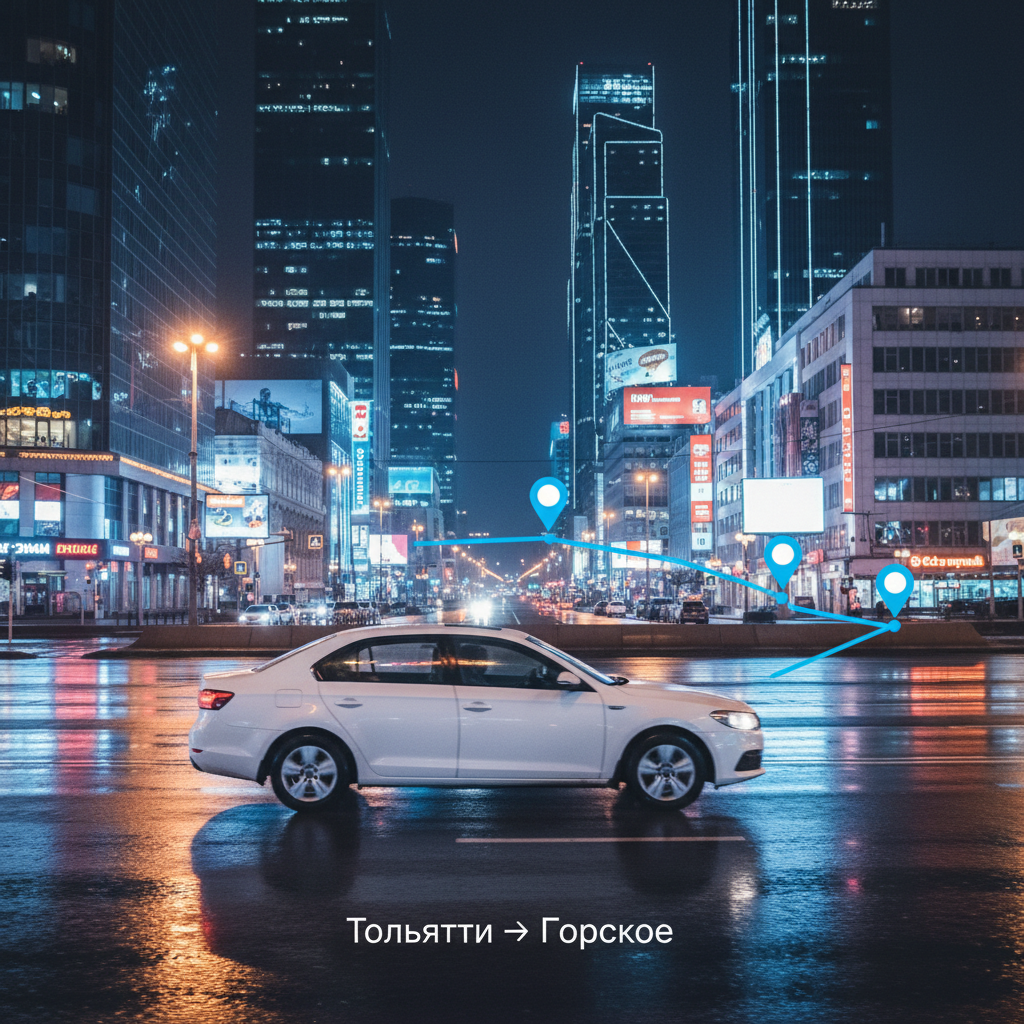 Ночной город и автомобиль 2018 года, маршрут Тольятти — Горское