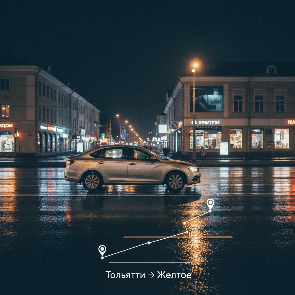 Ночной город и автомобиль 2018 года, маршрут Тольятти — Желтое