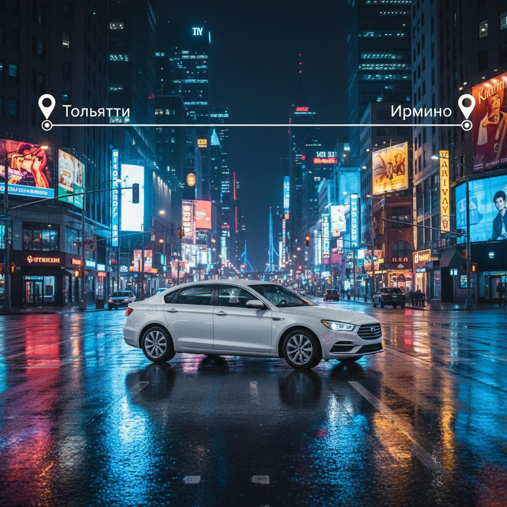 Ночной город и автомобиль 2018 года, маршрут Тольятти — Ирмино