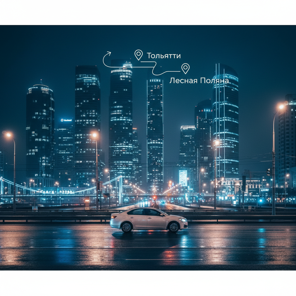 Ночной город и автомобиль 2018 года, маршрут Тольятти — Лесная Поляна