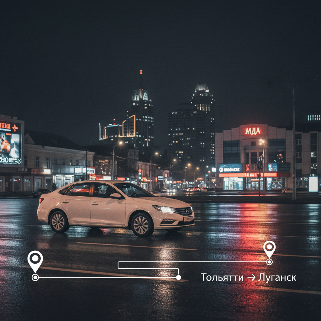 Ночной город и автомобиль 2018 года, маршрут Тольятти — Луганск