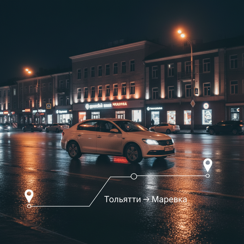 Ночной город и автомобиль 2018 года, маршрут Тольятти — Марьевка