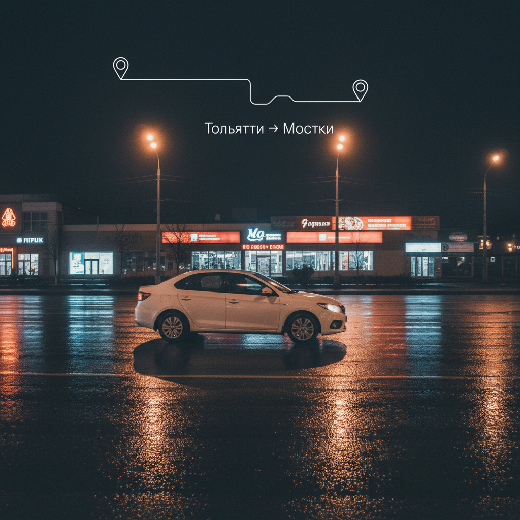 Ночной город и автомобиль 2018 года, маршрут Тольятти — Мостки