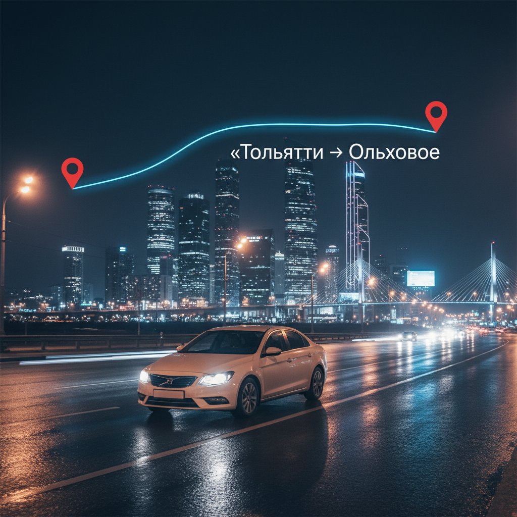 Ночной город и автомобиль 2018 года, маршрут Тольятти — Ольховое