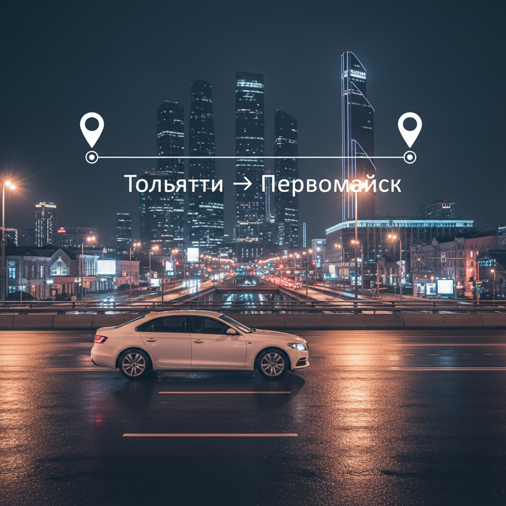Ночной город и автомобиль 2018 года, маршрут Тольятти — Первомайск