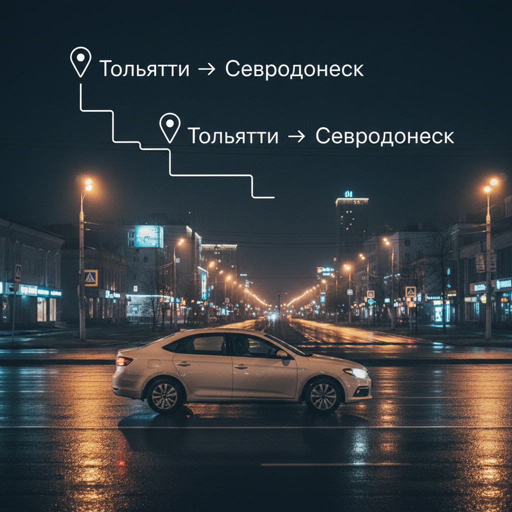 Ночной город и автомобиль 2018 года, маршрут Тольятти — Северодонецк