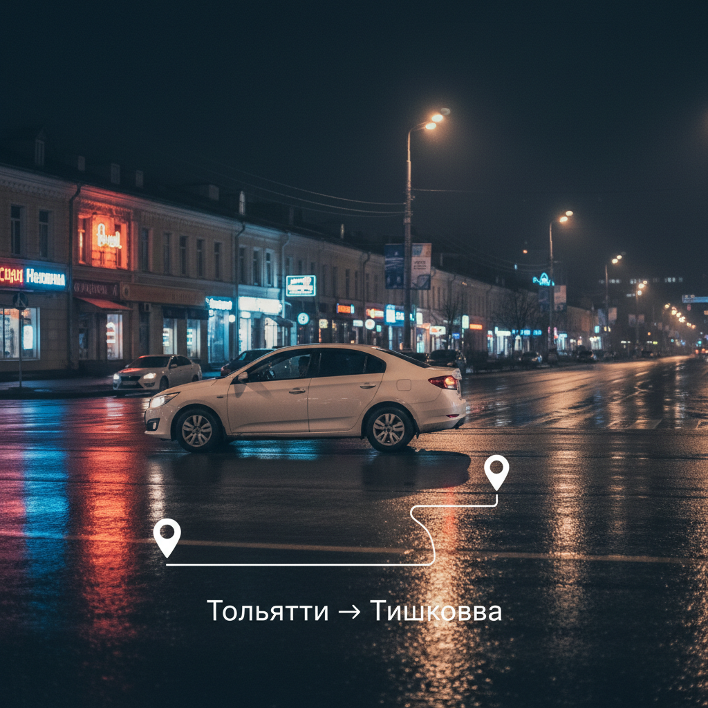 Ночной город и автомобиль 2018 года, маршрут Тольятти — Тишковка