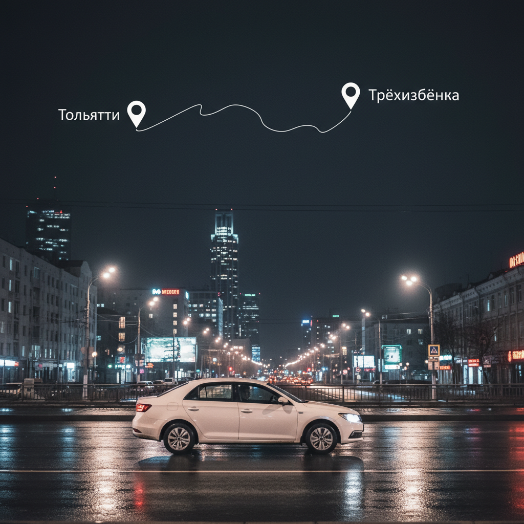 Ночной город и автомобиль 2018 года, маршрут Тольятти — Трёхизбёнка