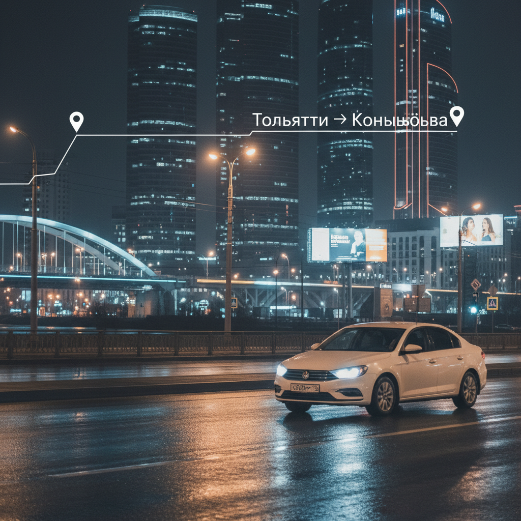 Ночной город и автомобиль 2018 года, маршрут Тольятти — Конышёвка