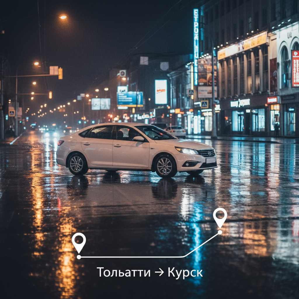 Ночной город и автомобиль 2018 года, маршрут Тольятти — Курск