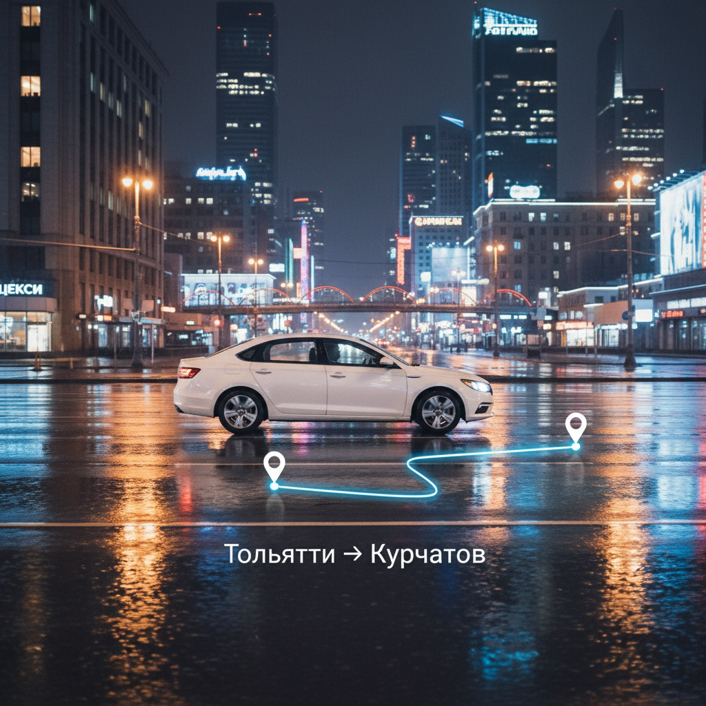 Ночной город и автомобиль 2018 года, маршрут Тольятти — Курчатов