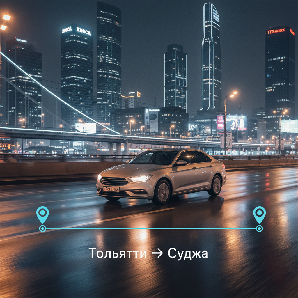 Ночной город и автомобиль 2018 года, маршрут Тольятти — Суджа