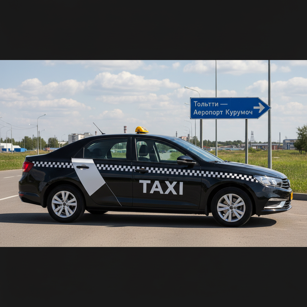 Чёрный автомобиль такси 2019 года на дороге, маршрут Тольятти — Аэропорт Курумоч